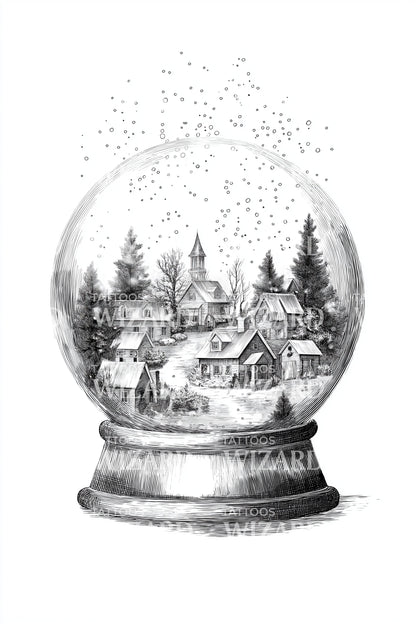 Linework Snowglobe Tattoo Illustration