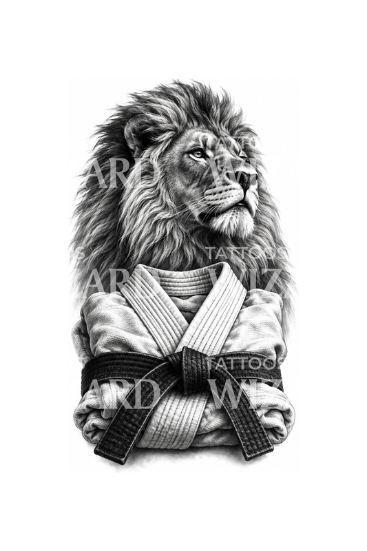 Tatouage lion au-dessus d’un gi plié et d’une ceinture noire
