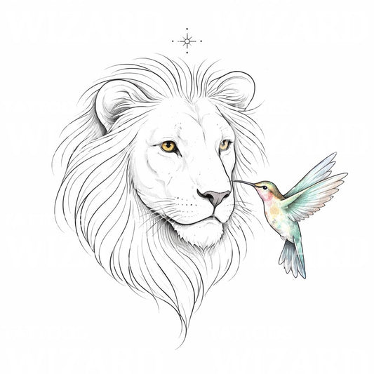 Lion and Hummingbird Tattoo Design