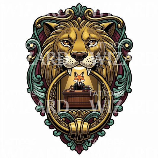 Lion Courtroom Fox Tattoo Design