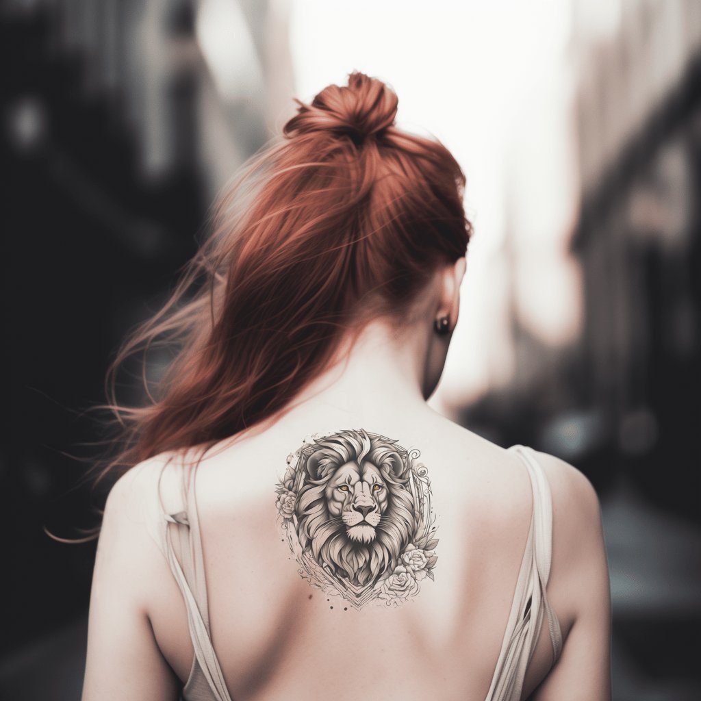 Lion with Floral Patterns Neotraditional Animal Circle Tattoo Design