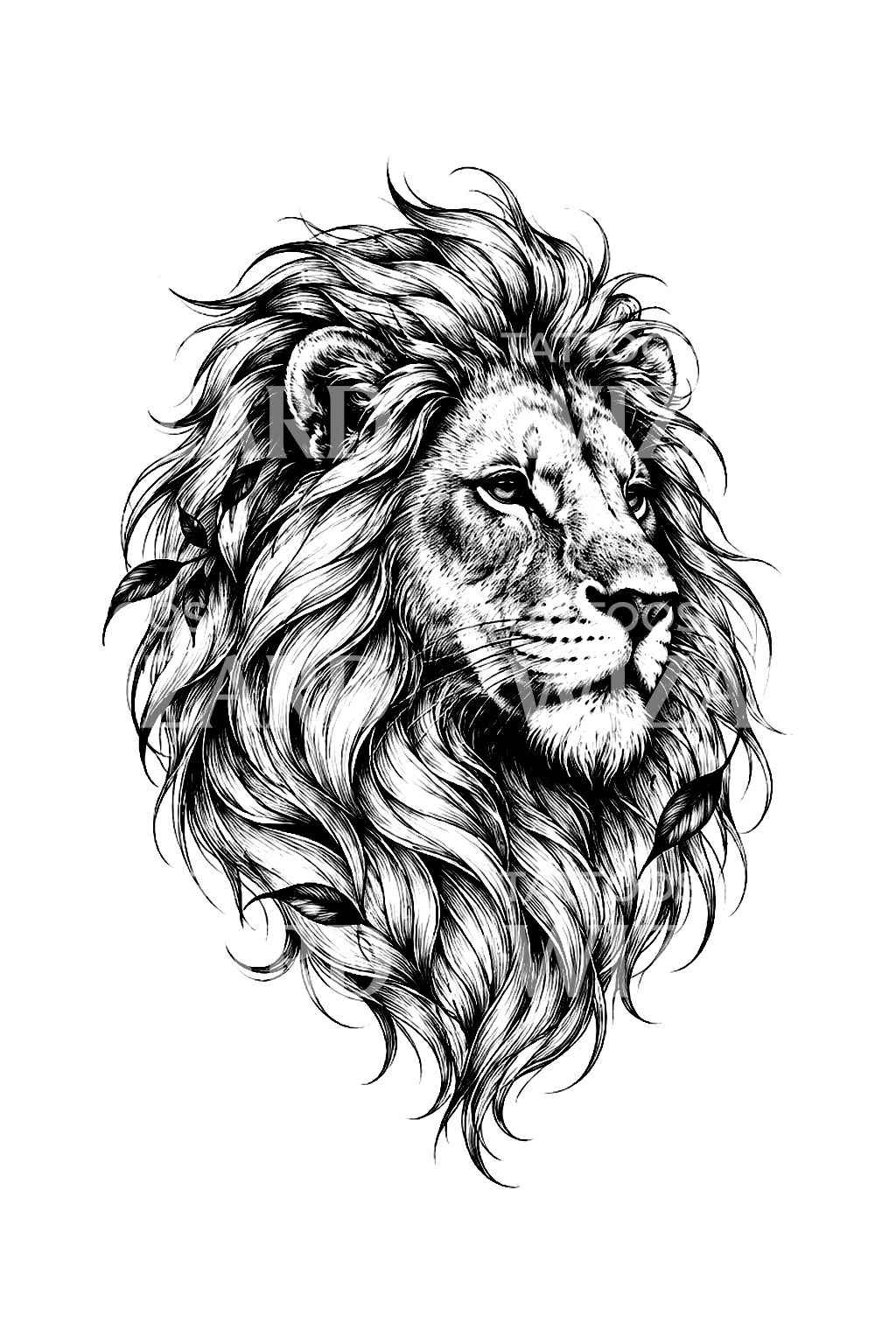 Tatouage tête de lion à la crinière fluide en fine ligne