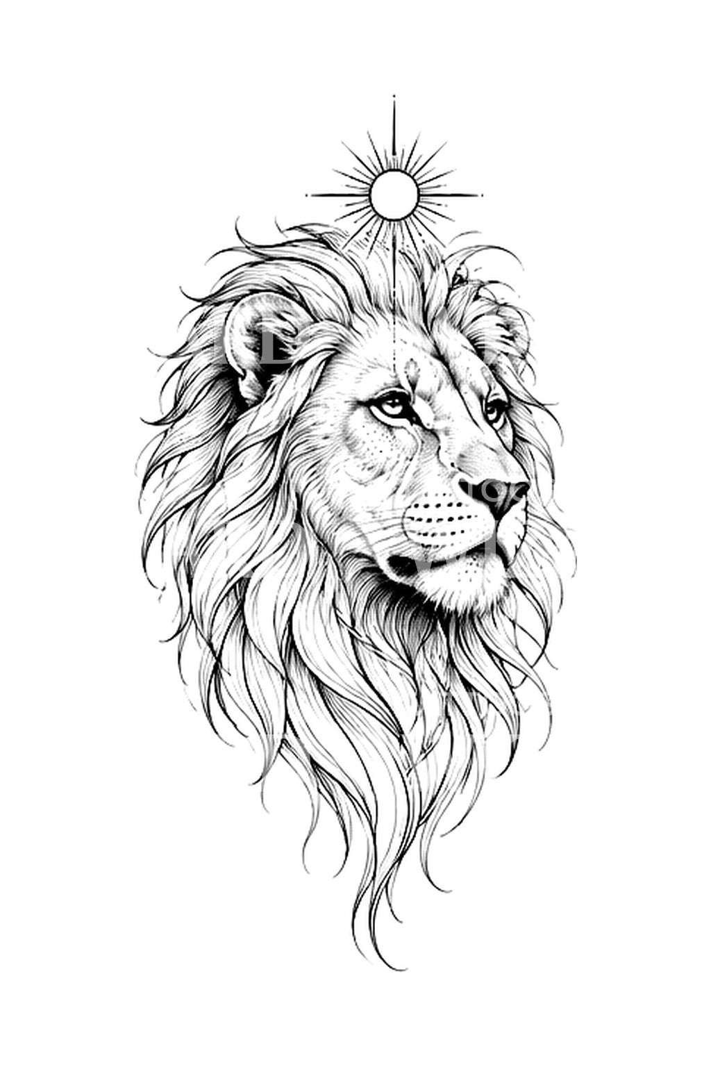 Lion Head with Radiant Sun Fine Line Tattoo Idea