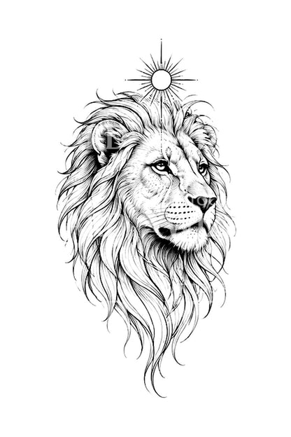 Lion Head with Radiant Sun Fine Line Tattoo Idea