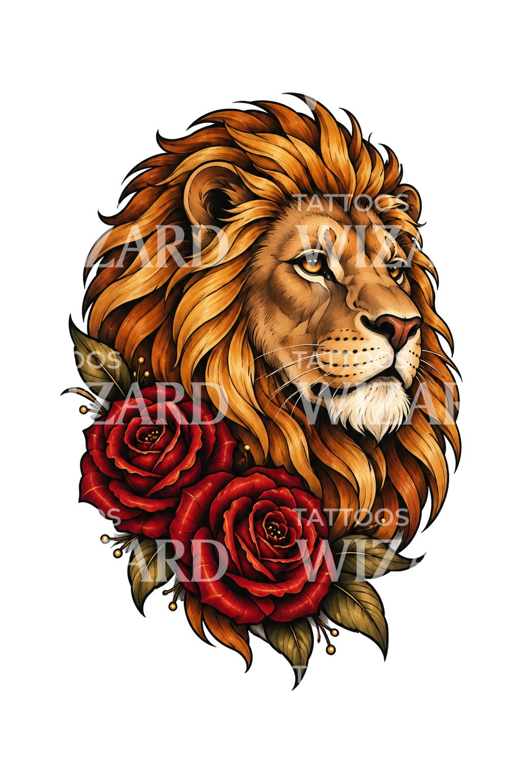 Lion Head with Roses Tattoo Illustration