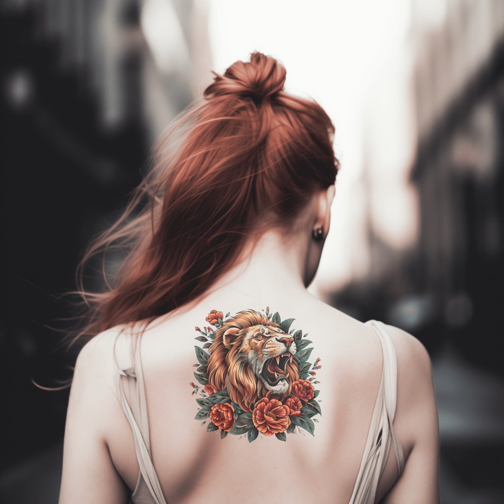 Old School Lion and Flowers Tattoo Design