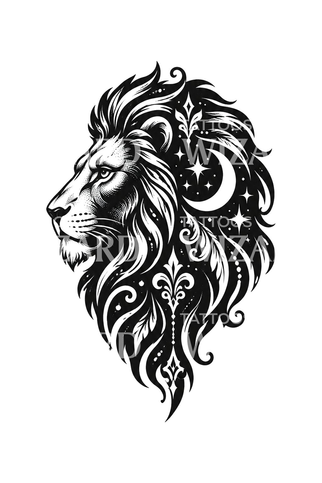 Design de tatuagem de perfil de leão com lua na juba