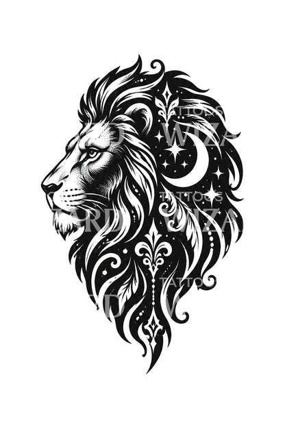 Design de tatuagem de perfil de leão com lua na juba