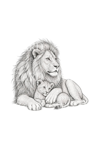 Lion Protecting Cub Fine Line Tattoo Design