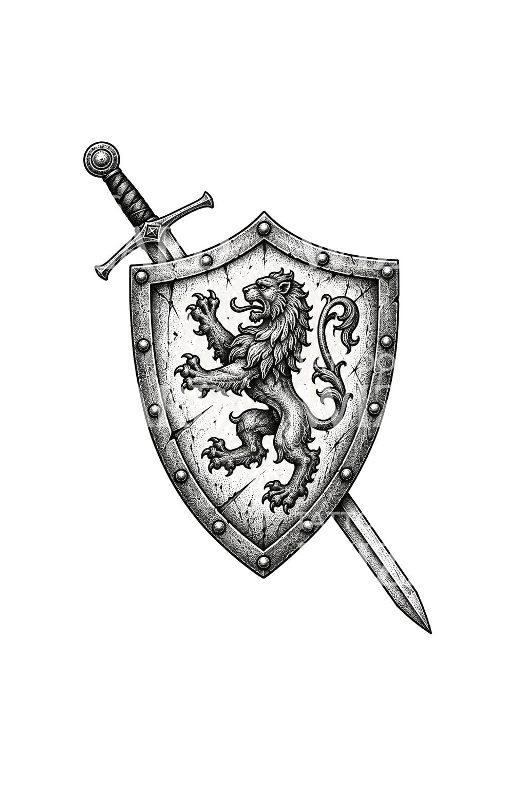 Tatueringsdesign med lejonriddarsköld och svärd