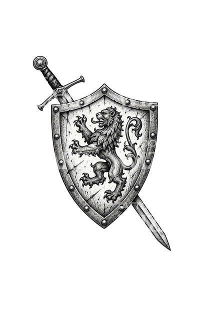 Tatueringsdesign med lejonriddarsköld och svärd