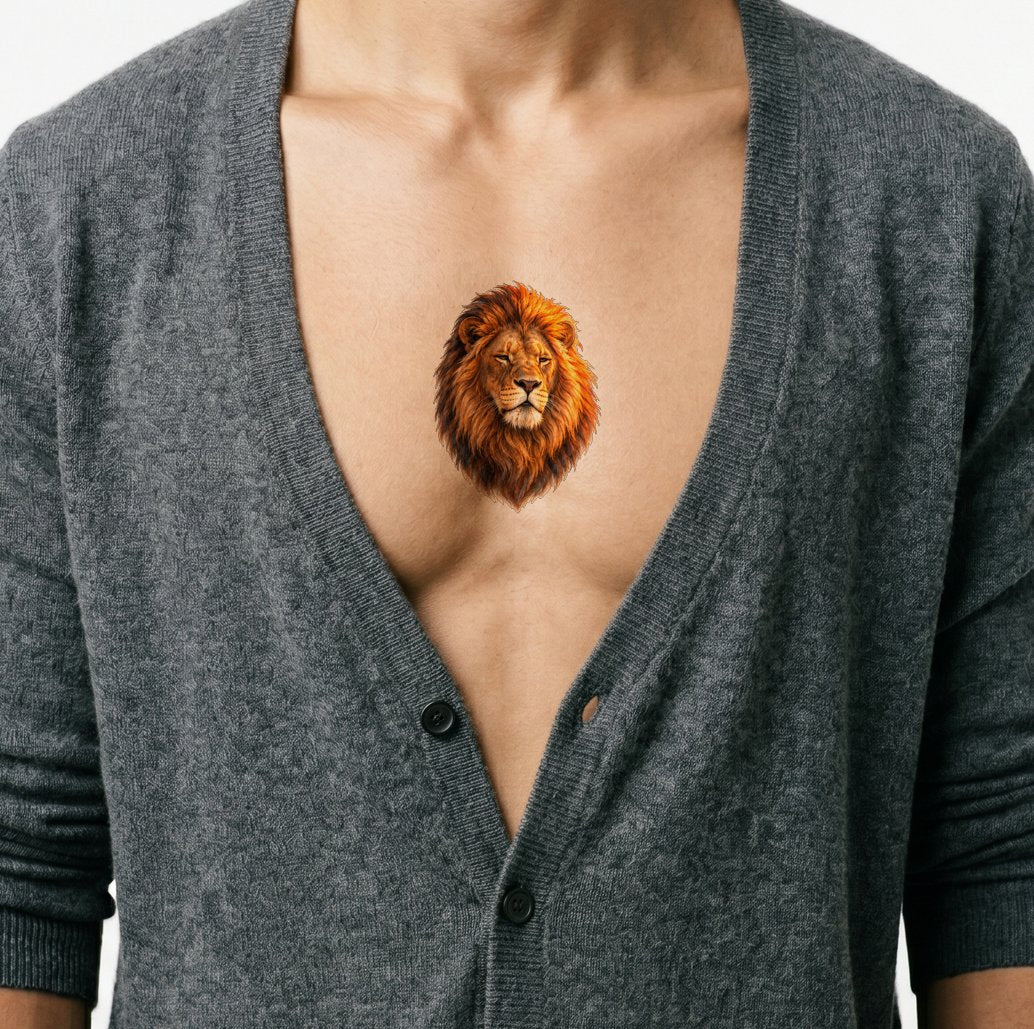 Illustrazione tatuaggio di leone a riposo nella luce del tramonto