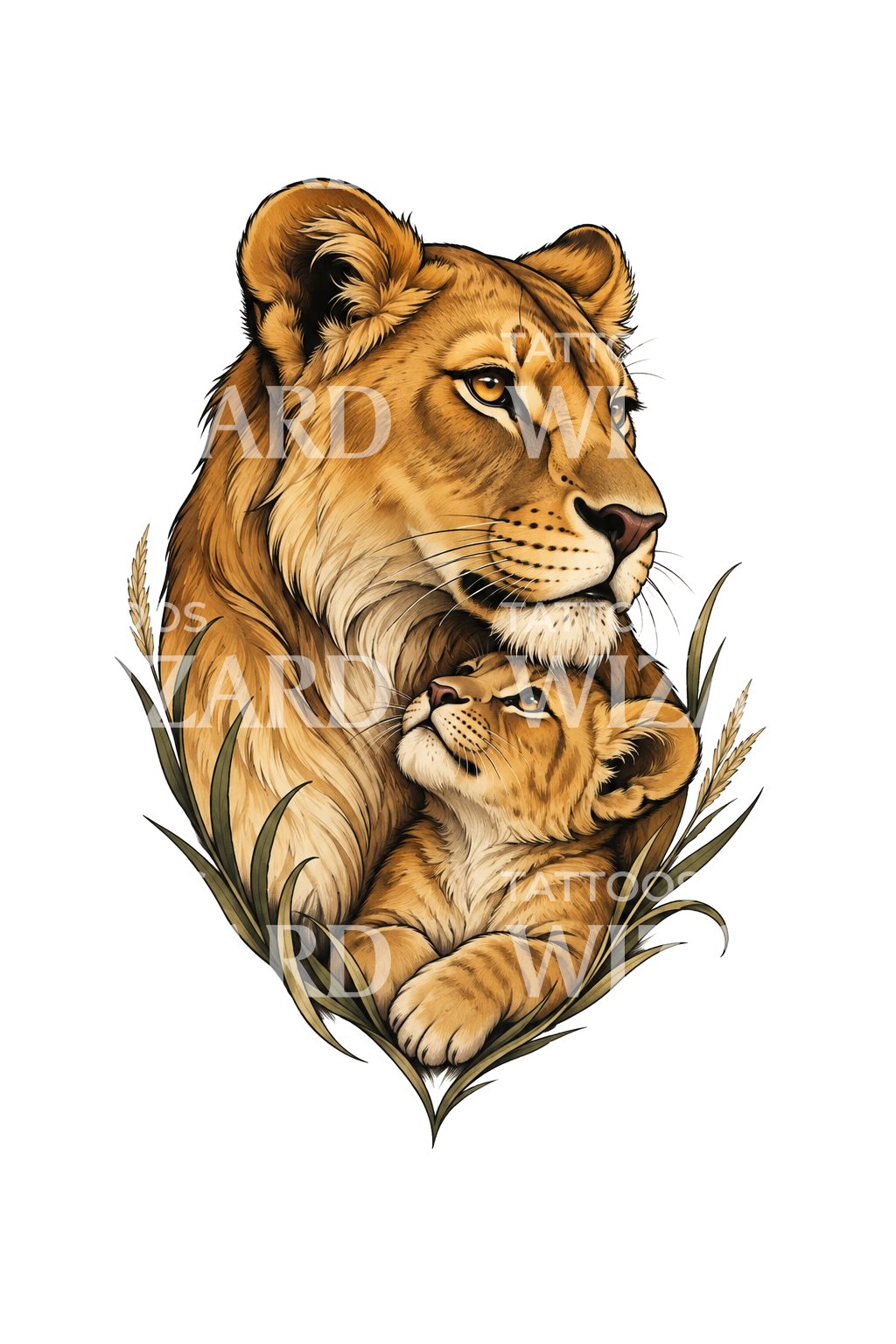 Dişi aslan ve yavru Tattoo Design