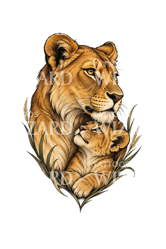 Lejoninna och unge Tattoo Design