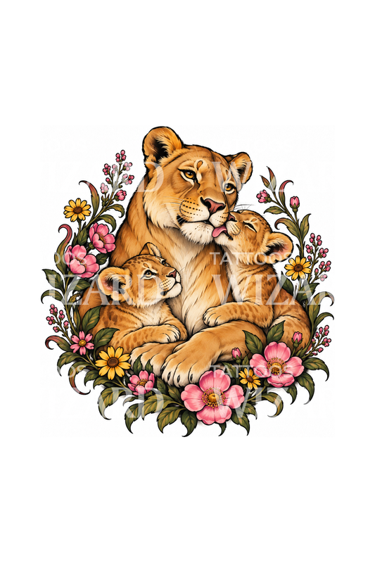 Lioness and Cubs Floral Wreath Tattoo Design