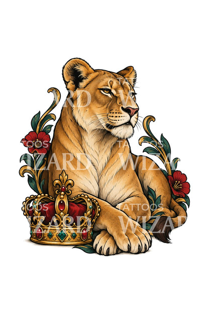 Löwin neben ihrer Krone, Tattoo-Design