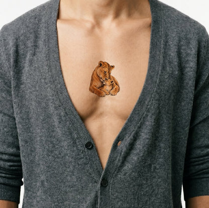 Lioness Nuzzling Her Cub Realism Tattoo Design