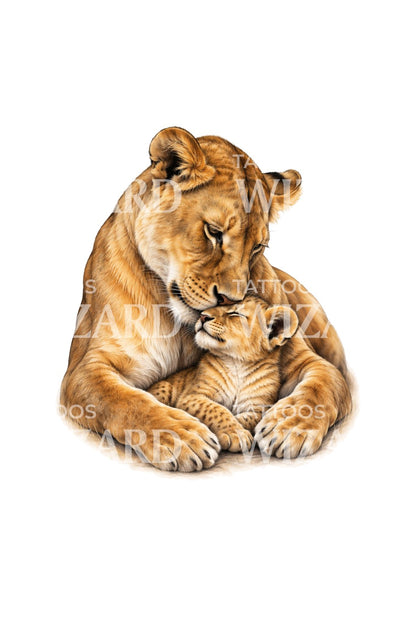 Lioness Nuzzling Her Cub Realism Tattoo Design