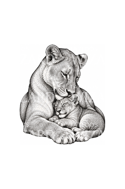 Leijonana suojelemassa pentuaan, stipple-tatuointimalli
