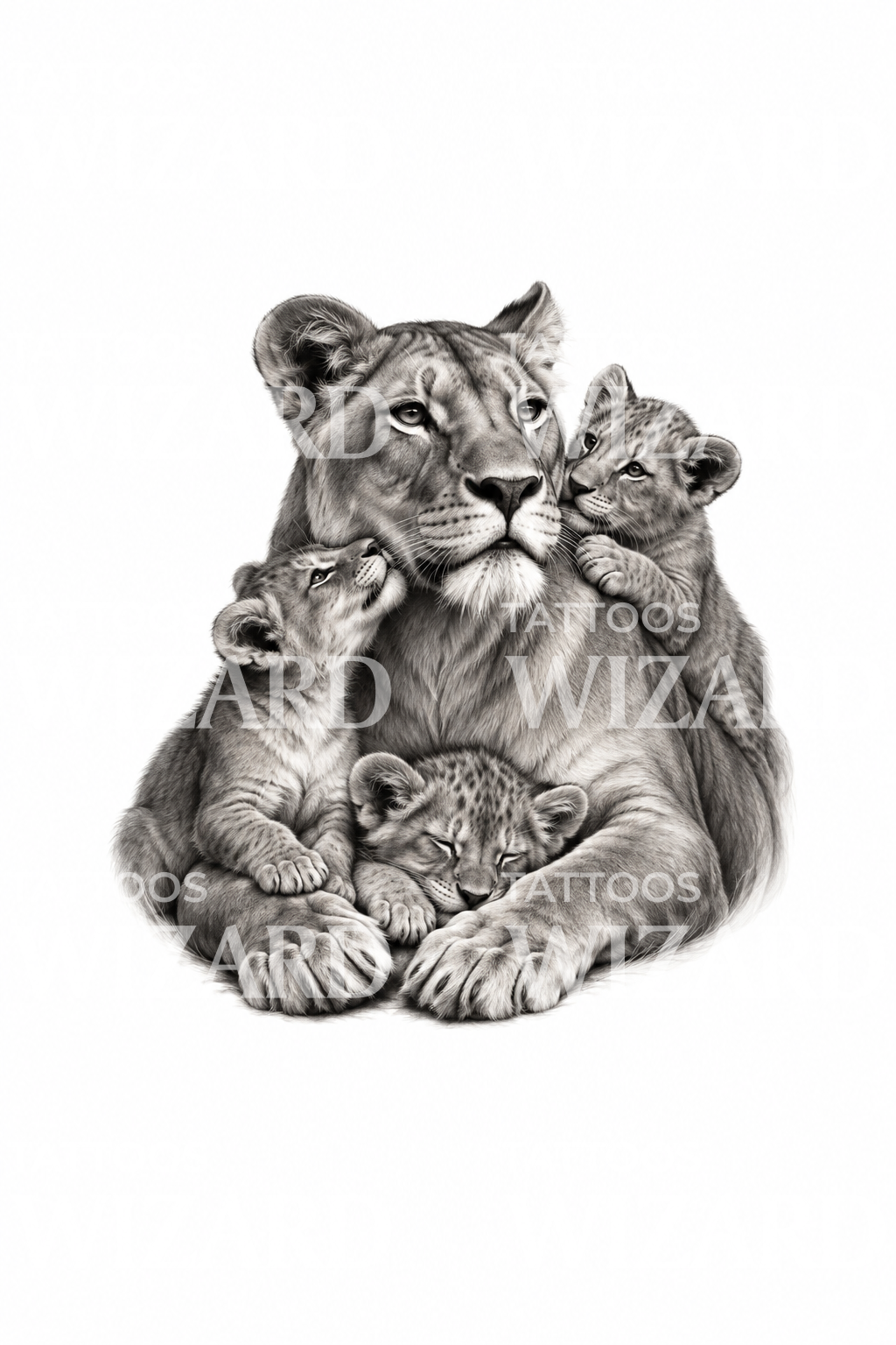 Lioness with Three Cubs Tattoo Design