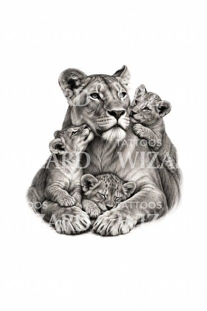 Lioness with Three Cubs Tattoo Design