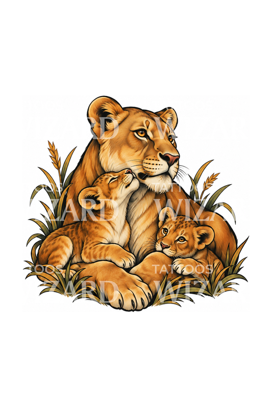 Familien-Tattoo mit Löwin und zwei Jungen