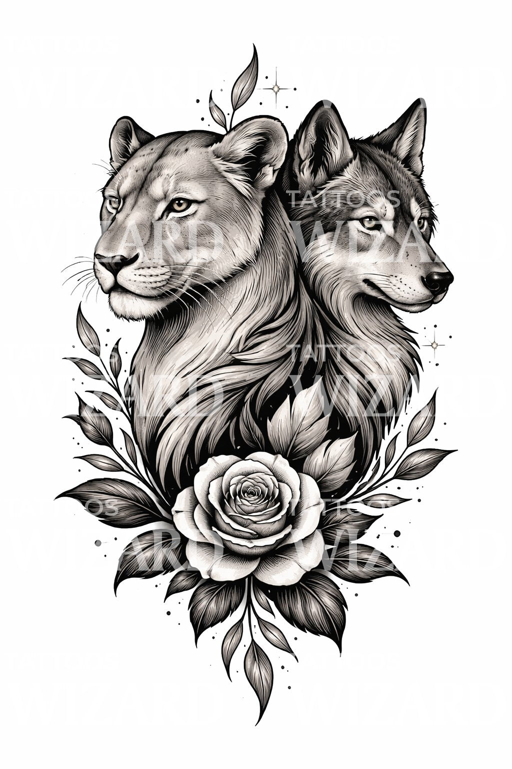 Lioness Wolf Rose Tattoo Design
