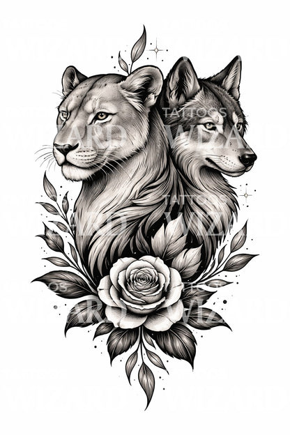 Lioness Wolf Rose Tattoo Design