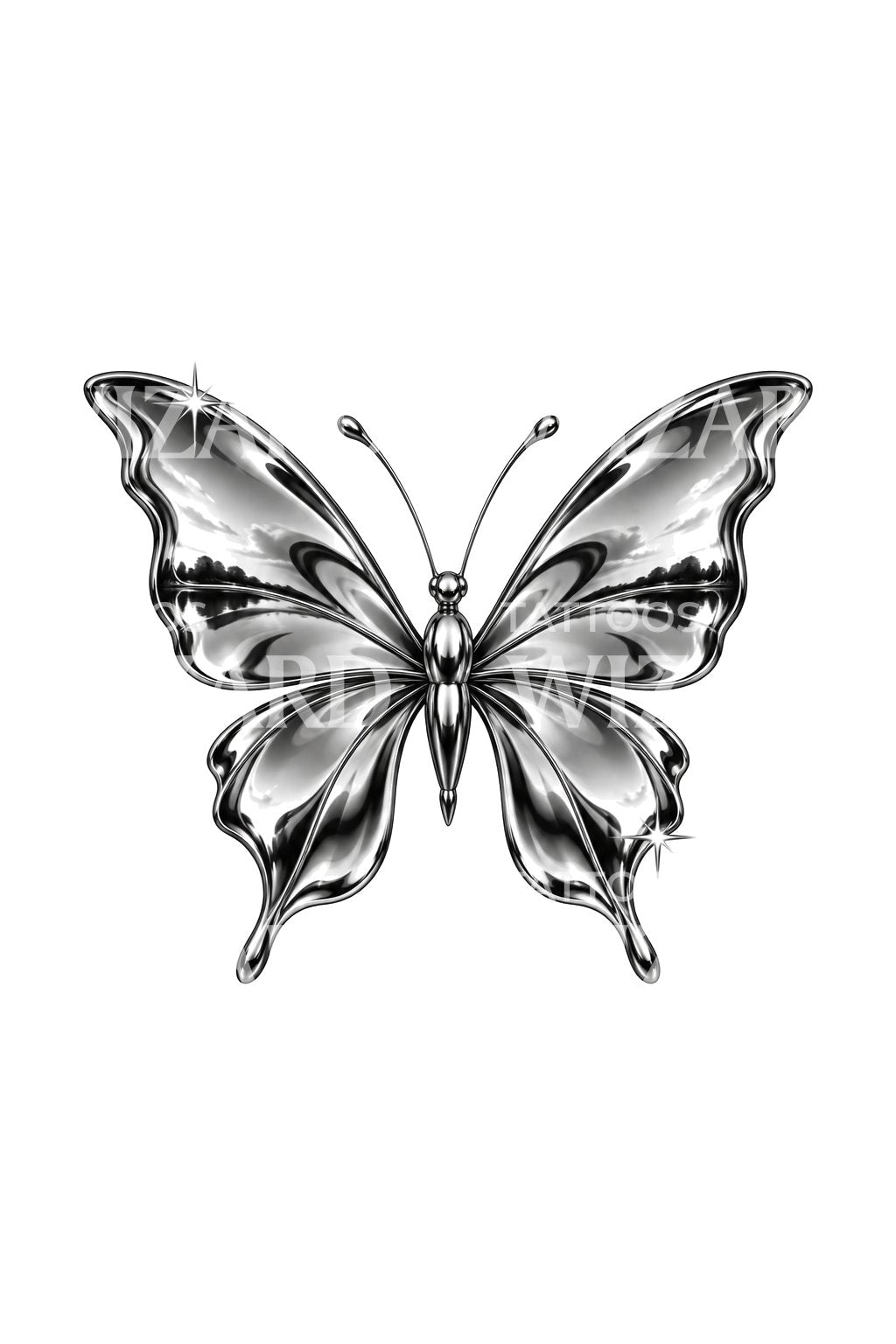 Borboleta de metal líquido, design de tatuagem flash Y2K