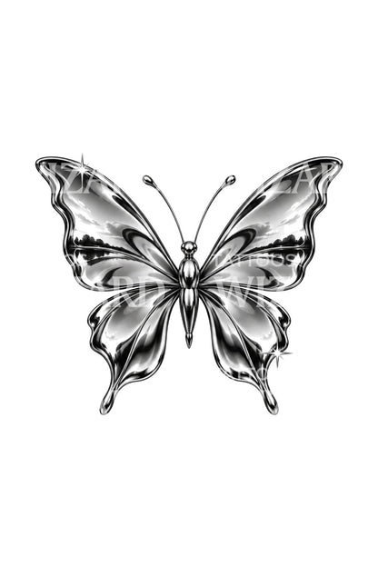 Borboleta de metal líquido, design de tatuagem flash Y2K