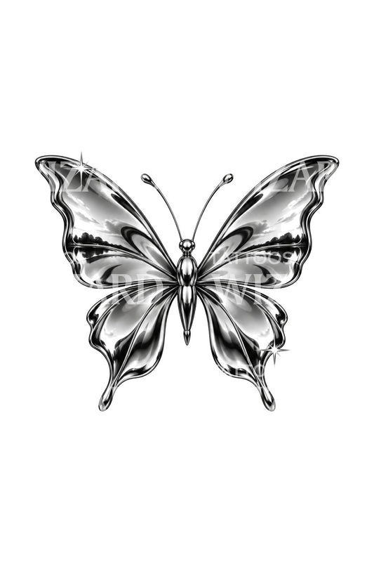 Borboleta de metal líquido, design de tatuagem flash Y2K