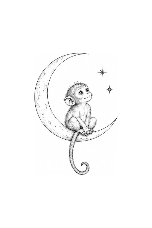 Little Monkey Sitting on Crescent Moon Fine Line Tattoo