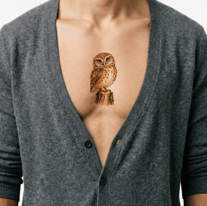 Little Owl on Stump Watercolor Tattoo Illustration
