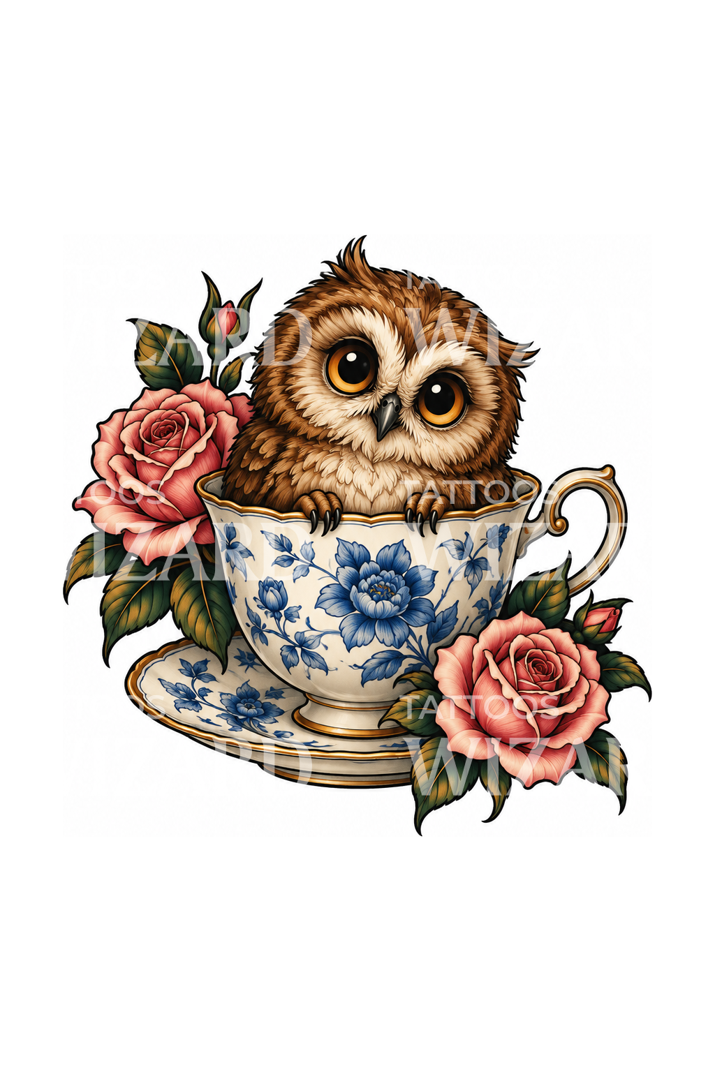 Little Owl in a Floral Teacup with Roses Tattoo