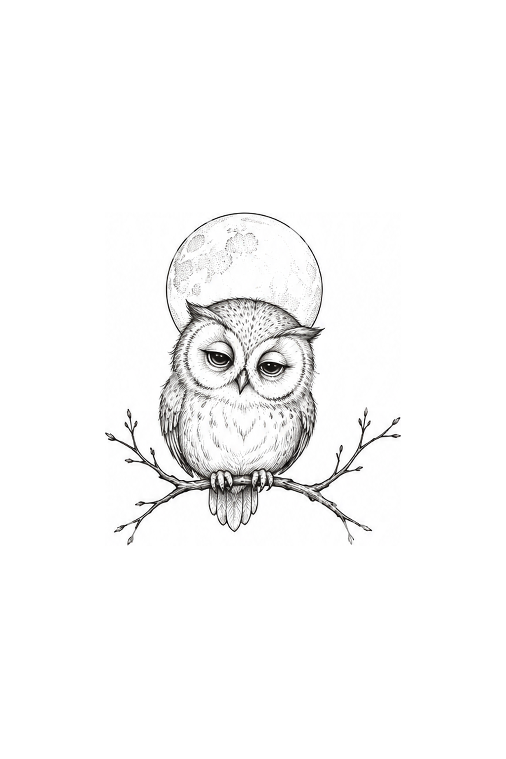 Little Owl on Branch with Full Moon Fine Line Tattoo