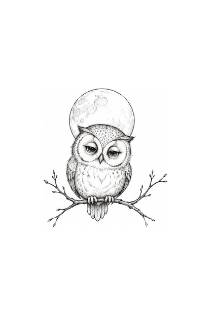 Little Owl on Branch with Full Moon Fine Line Tattoo