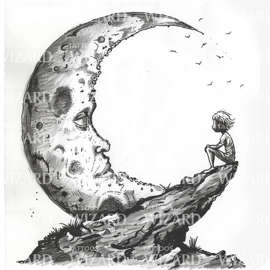 Un enfant inspiré du Petit Prince avec une idée de tatouage de lune