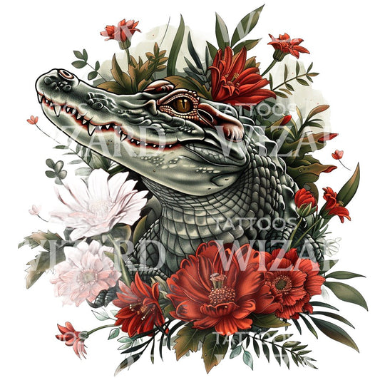 OldSchool Crocodile and Flowers Tattoo Design