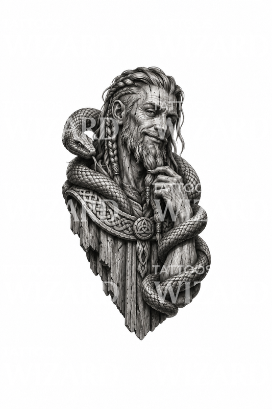 Tatouage de Loki façon bois sculpté