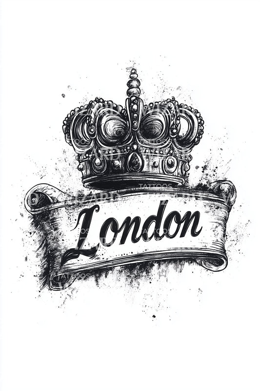 London Crown Lettering Tattoo Design
