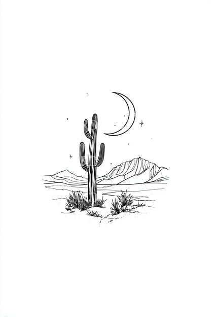 Lone Cactus Crescent Night Tattoo Design