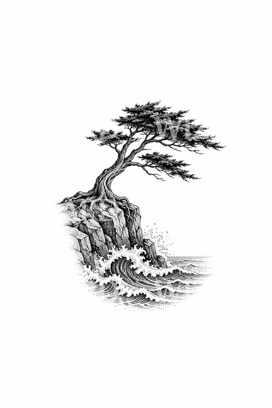 Cipresso solitario sulla scogliera sul mare in dotwork