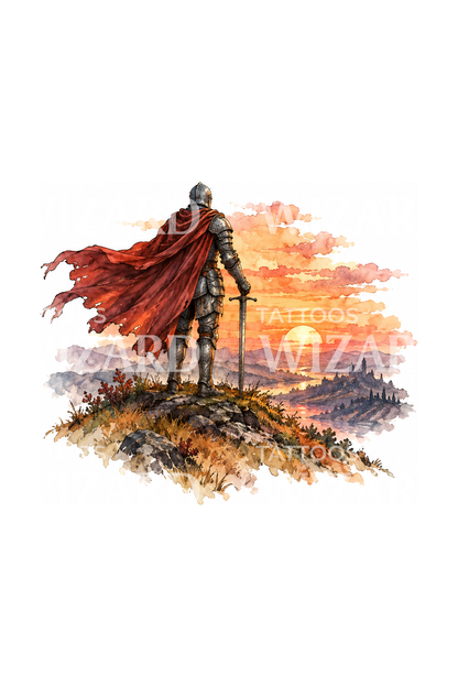 Chevalier solitaire sur une colline au coucher du soleil, tatouage aquarelle