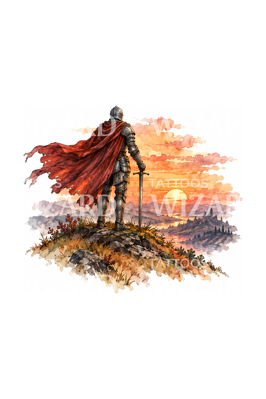 Chevalier solitaire sur une colline au coucher du soleil, tatouage aquarelle