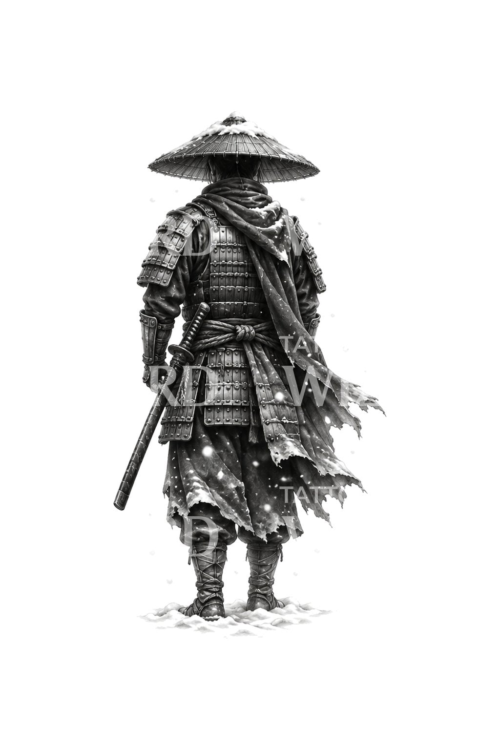 눈 내리는 곳의 외로운 사무라이 타투 디자인