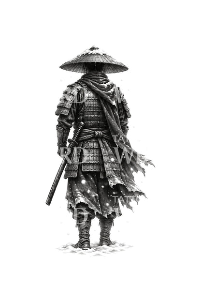 눈 내리는 곳의 외로운 사무라이 타투 디자인
