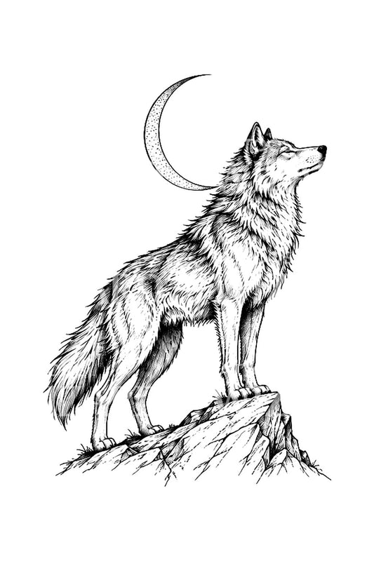 Lobo solitário sobre rocha com lua crescente, ideia de tatuagem