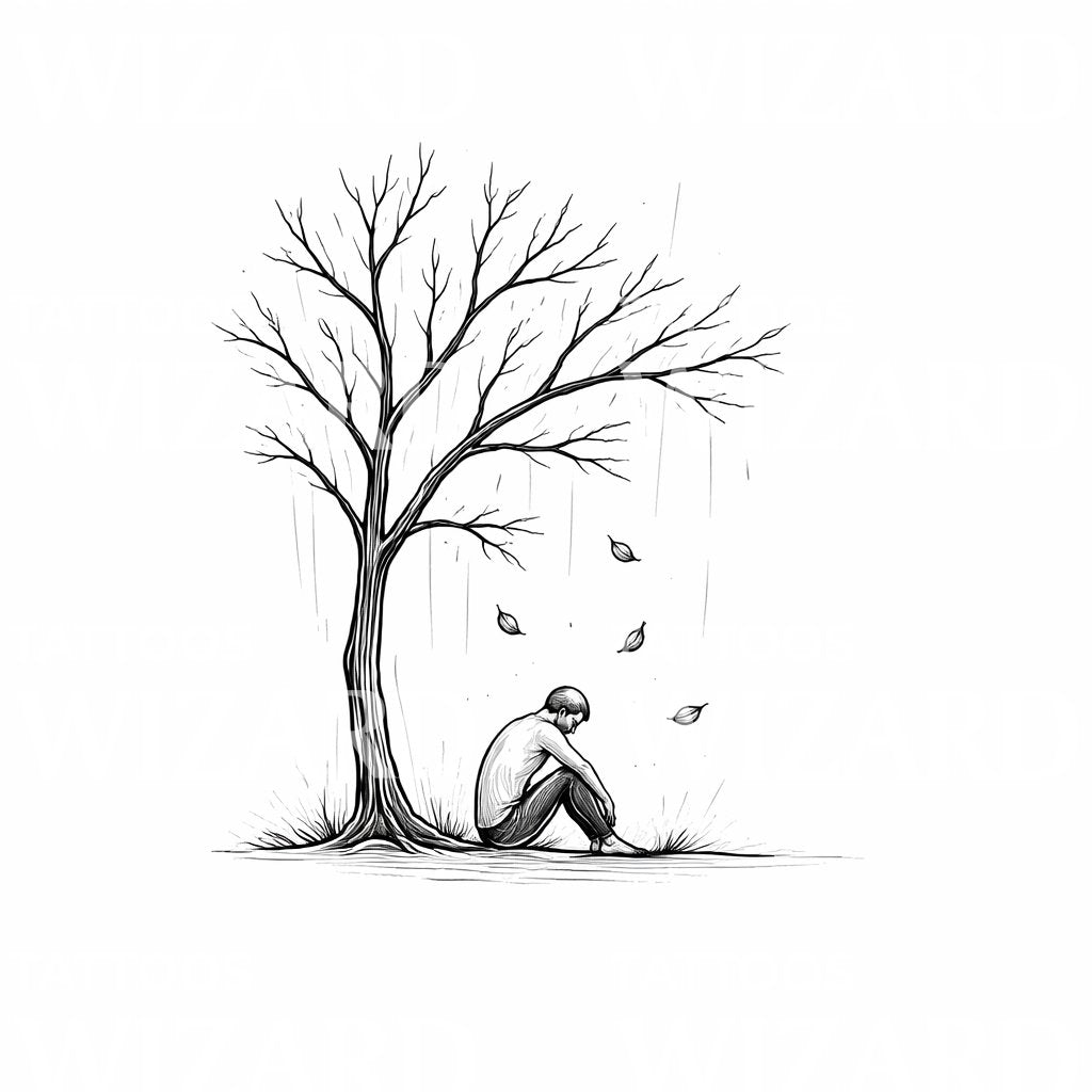 Lonely Figure Tree Tattoo Illustration