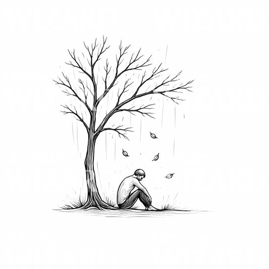 Lonely Figure Tree Tattoo Illustration
