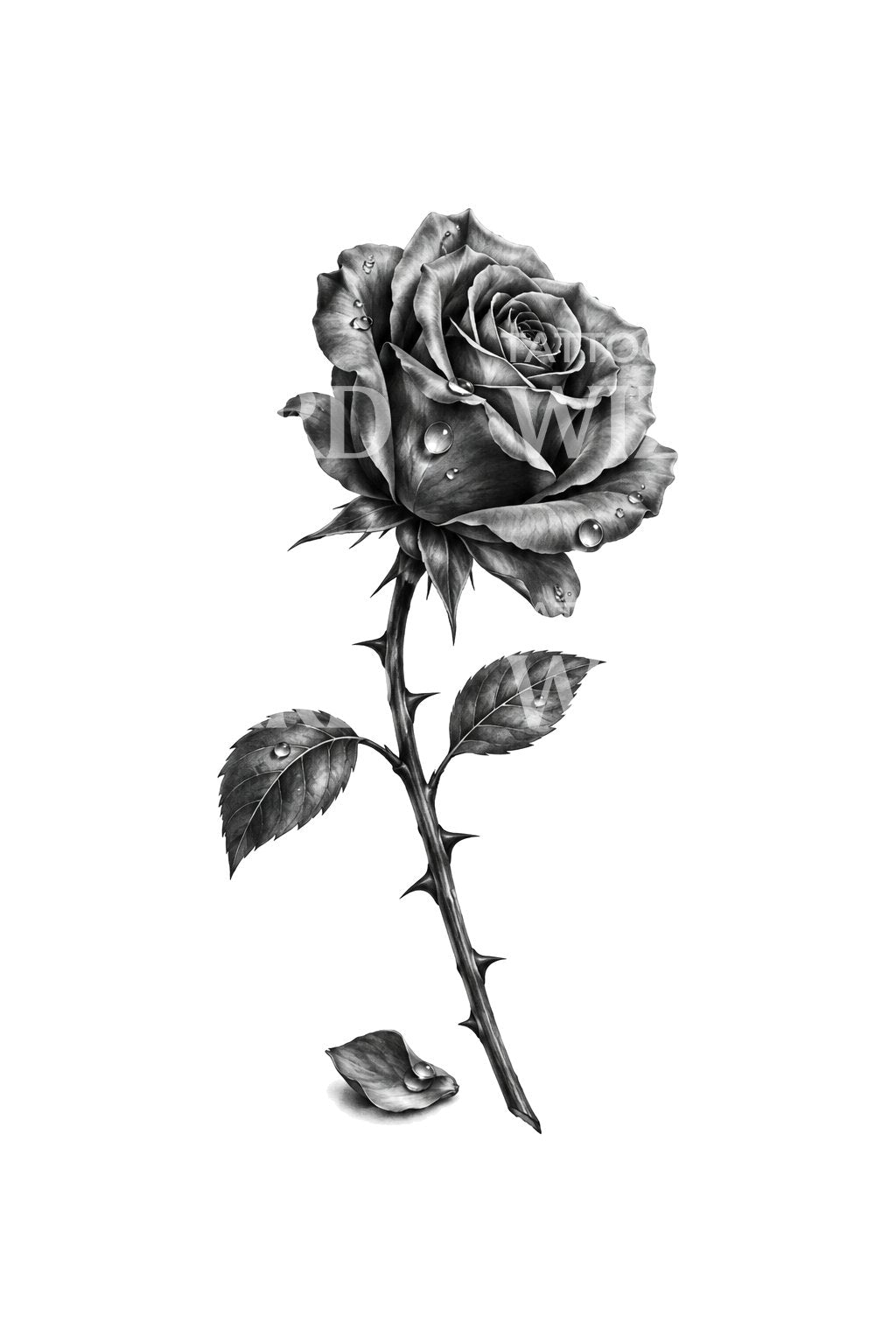 Long Stem Rose with Fallen Petal Tattoo Illustration